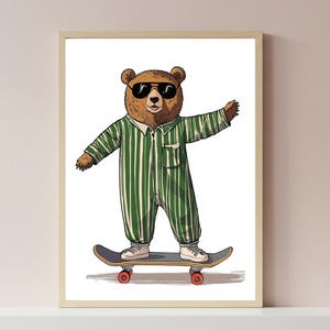 Cool Bear Skateboard Wall Art, Funny Animal Print, Bear in Pajamas, Quirky Home Decor, Unique Gift Idea, Kids Room Art