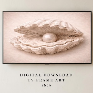 Marco de concha de ostra perlada para TV, obra de arte digital de playa neutra costera, decoración costera minimalista, descarga digital para Samsung 16:9