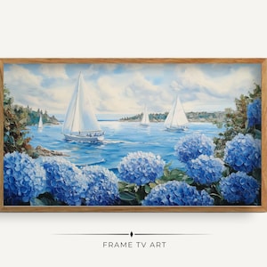 Sailboats and Hydrangeas TV Frame Art: Coastal Seascape (Digital Download)