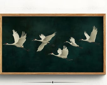 Flying Cranes Japandi Art: Green & White Japanese Decor (Digital Download)