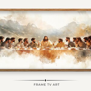 The Last Supper digital TV frame art featuring a classic religious painting of Jesus and his disciples, perfect for Christian home decor.