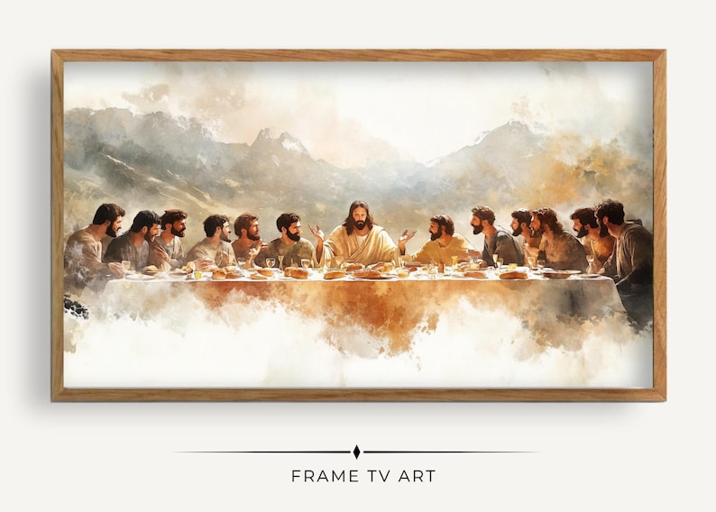 The Last Supper digital TV frame art featuring a classic religious painting of Jesus and his disciples, perfect for Christian home decor.