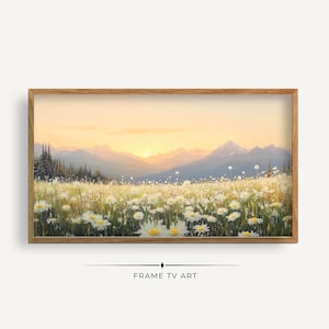 Daisy Field Mountain Sunset TV Frame Art: Cozy Landscape (Digital Download)
