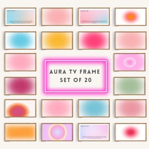 May include: A set of 20 aura TV frames with a variety of colorful gradient designs. Each frame has a wooden border and features a unique blend of colors, including pink, blue, orange, and green. The text "AURA TV FRAME SET OF 20" is displayed in a pink neon frame.