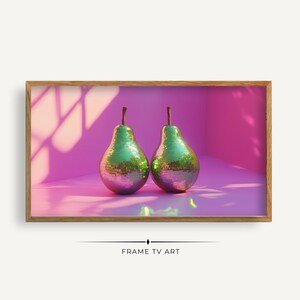 Disco Pears Dekor gerahmt TV Art digitaler Download, lebendige metallische Birnen Poster, moderne Kunst, flippige Wohnkultur