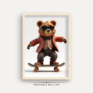 Skateboard Bear Wall Art, Cool Animal Print, Funny Bear Art, Stylish Bear Decor, Bear with Sunglasses, Unique Wall Decor, Trendy Art Print