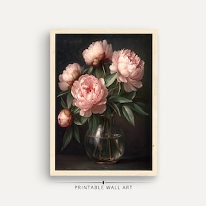 Pink Peonies painting wall art, dark moody floral, Flower bouquet artwork, Botanical home decor, Vintage Style Art, Fine Art Print