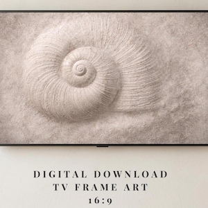 Könnte beinhalten: Gerahmter digitaler Kunstdruck mit einem detaillierten, strukturierten Bild einer Nautilus-Schale in Beige- und Cremetönen. Das Kunstwerk ist in einem schwarzen Rahmen und mit "DIGITAL DOWNLOAD TV FRAME ART 16:9" beschriftet.