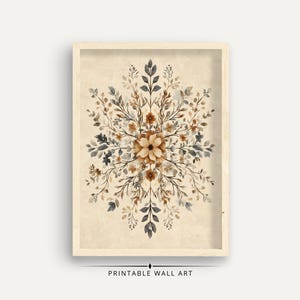 Scandinavian folk wall art, Nordic Print, Flower Art, Neutral Decor, Nature Inspired, Watercolor Flower Design