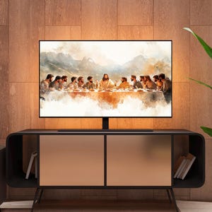 Classic biblical art of Jesus' Last Supper, beautifully designed for digital TV frames and Christian home aesthetics.