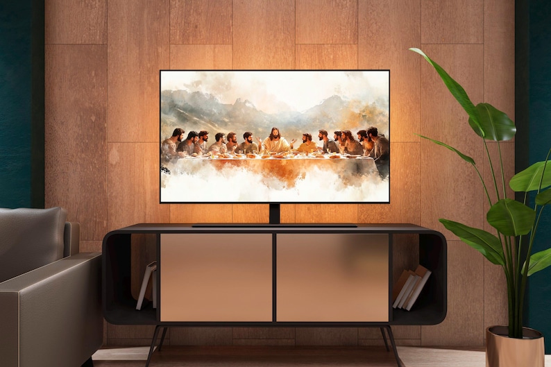 Classic biblical art of Jesus' Last Supper, beautifully designed for digital TV frames and Christian home aesthetics.