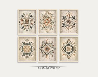 May include: Six framed wall art prints featuring floral mandala designs in shades of brown, green, and beige. The prints have a vintage, watercolor style. The text "PRINTABLE WALL ART" is at the bottom.
