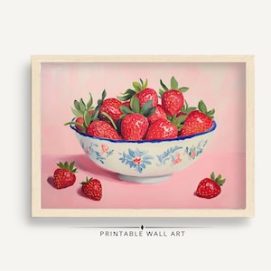 Strawberry Bowl Wall Art, Kitchen Decor, Fruit Still Life, Pink Painting, Botanical Art Print, Summer Vibes, Foodie Gift, Home Decor