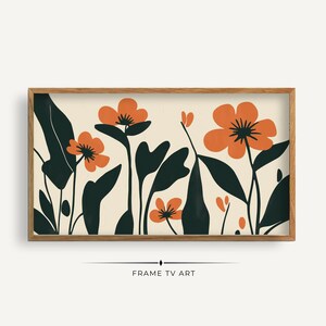 Arte nórdico, flores naranjas y negras, marco de TV botánico moderno, arte floral minimalista