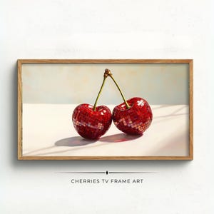 Cherry disco ball decor TV frame art, retro cherry disco poster, trendy preppy vintage girly aesthetic, dorm room poster