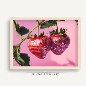 Strawberry Disco Ball Wall Art, Unique Fruit Print, Pink Background, Modern Home Decor, Funky Wall Hanging, Quirky Art Print
