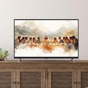 Elegant Last Supper digital artwork for TV frame decor, a stunning religious painting perfect for spiritual interiors.