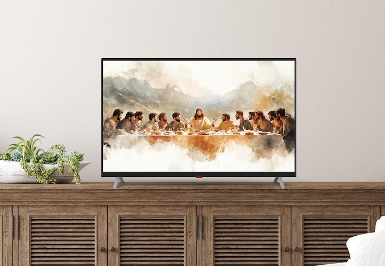 Elegant Last Supper digital artwork for TV frame decor, a stunning religious painting perfect for spiritual interiors.