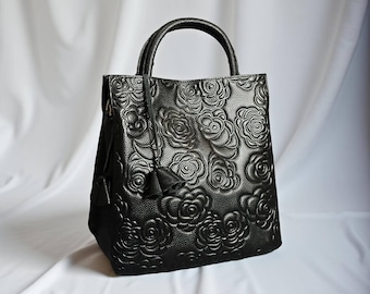 Black Embossed Leather Handbag | Floral Pattern Tote with Gold Details | Elegant Structured Purse
