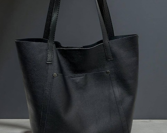 Minimalist Leather Tote Bag | Everyday Shoulder Bag | Black and Beige Handbag