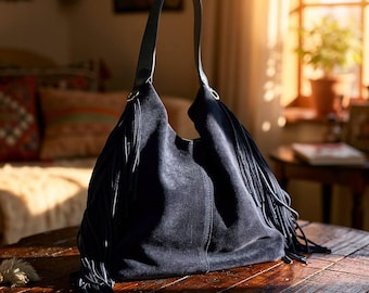 Blue suede handbag with leather details & fringe + pouch | Medium-size women’s bag