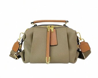Beige Genuine Leather Handbag | Structured Box Bag with Adjustable Strap | Minimalist Everyday Purse