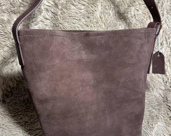 Brown Suede Shoulder Bag: Handmade Leather Tote with Adjustable Strap