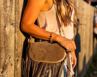 Genuine Suede Fringe Bag with Extra Strap
