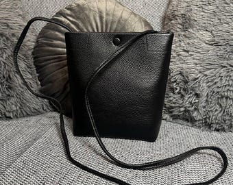 Black Genuine Leather Crossbody Bag | Small Minimalist Shoulder Purse | Handmade Everyday Bag