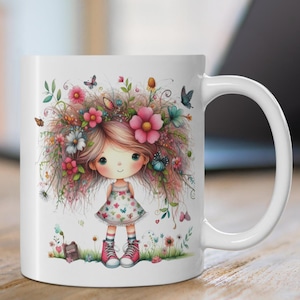 Taza de niña de las flores - Adorable niña de primavera - Regalo de cuento de hadas - Bonita taza infantil - Regalo de primavera - Regalo para niña