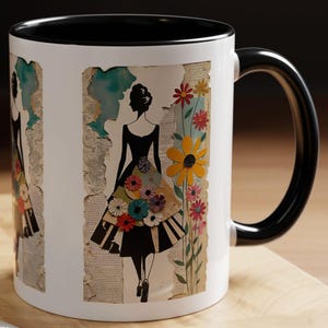 Tazza con silhouette femminile vintage, tazza artistica ed elegante, design retrò con fiori colorati, regalo chic