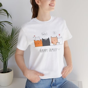 Schattig cartoon kattenfamilie T-shirt "Happy Family" - Grafisch T-shirt Unisex Kattenliefhebber Eenvoudig Cadeau -