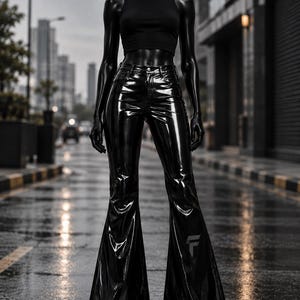 Puede incluir: Un top corto negro sin mangas combinado con pantalones acampanados negros brillantes de talle alto. Los pantalones presentan un acabado reflectante similar al charol, cierre de botón y un pequeño logotipo gris en la pierna izquierda.