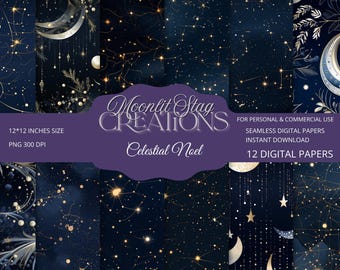 Celestial Christmas Digital Paper Pack: Starry Night PNG Backgrounds (12x12, 300 DPI)