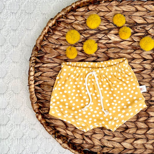 Mustard Polka Dot Baby Bummies, Fall Baby Shorts, Organic Shorties, Diaper Cover, Bloomers