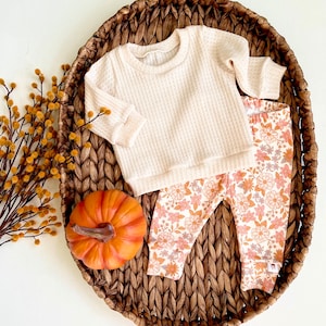 Penelope Floral Baby Pants, Toddler Leggings, Solid Cream Waffle Knit Shirt