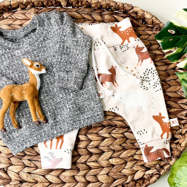 Woodland Animals Organic Baby Pants, Gender Neutral Kids Pants, Waffle Knit Baby Shirt, Baby Gift Under 30