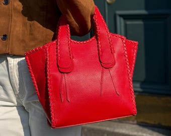 Handmade Red Leather Tote Bag, Leather Shoulder Bag, Italian Leather Vintage Handbag, Cross Body Purse, Work/Travel Bag, Best Gift