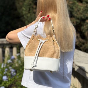 Leather Raffia Bucket Bag, Small Cross Body Raffia Bag, Italian Leather Tote Bag, Designer Leather Handbag, Summer Shoulder Bag & Bag Gift