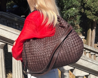 Soft Brown Woven Leather Hobo Bag - Slouchy Leather Shoulder Bag, Vintage Italian Leather Handbag, Woven Hobo Purse, Everyday Designer Tote