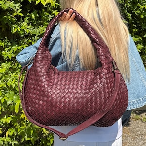 Sac fourre-tout en cuir tressé souple, sac hobo en cuir, sac en cuir tressé, sac bordeaux, sac à bandoulière pour femme, sac en cuir souple, fête des mères