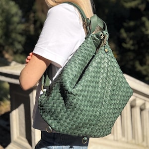 Soft Green Woven Leather Bag, Leather Backpack Women, Convertible Backpack, Shoulder Bag, Backpack Purse, Travel Backpack, Leather Gift