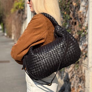 Soft Black Woven Leather Hobo Bag: Handmade Braided Shoulder Handbag