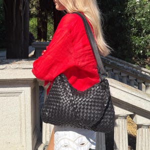 Soft Black Woven Italian Leather Hobo Bag: Handmade Braided Handbag, Shoulder Bag