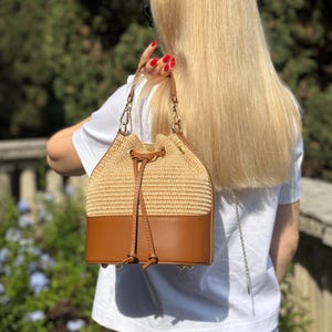 Leather Raffia Bucket Bag, Small Cross Body Raffia Bag, Italian Leather Tote Bag, Designer Leather Handbag, Summer Shoulder Bag & Bag Gift
