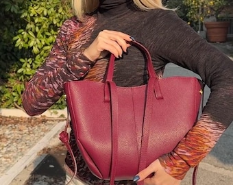 Minimalist Burgundy Italian Leather Tote, Full Grain Leather Shoulder Bag, Tote Handbag, Women Leather Purse, Everyday Work/Travel Bag