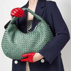 Soft Green Woven Italian Leather Bag, Woven Leather Hobo Bag, Handmade Leather Purse, Woven Shoulder Bag, Italian Leather Handbag & Bag Gift