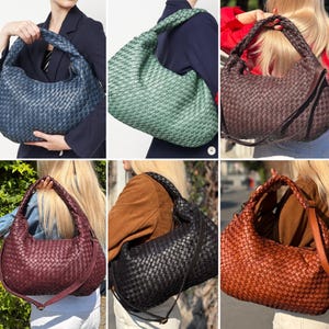 May include: Collection of woven leather handbags in various colors, including navy blue, sage green, dark brown, burgundy, black, and rust orange. Each bag features a large, rounded shape with a braided handle and a woven texture.