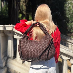 Soft Black Woven Leather Hobo Bag - Slouchy Leather Shoulder Bag, Vintage Italian Leather Handbag, Woven Hobo Purse, Everyday Designer Tote Brown