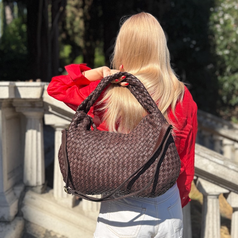 Soft Black Woven Leather Hobo Bag - Slouchy Leather Shoulder Bag, Vintage Italian Leather Handbag, Woven Hobo Purse, Everyday Designer Tote Brown